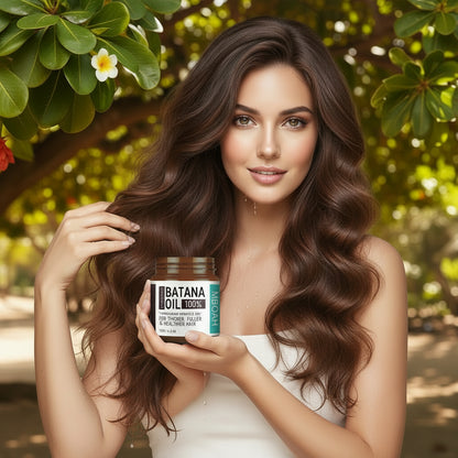Woman with long brown hair next to a jar of Batana Oil, with close-up details of the product.